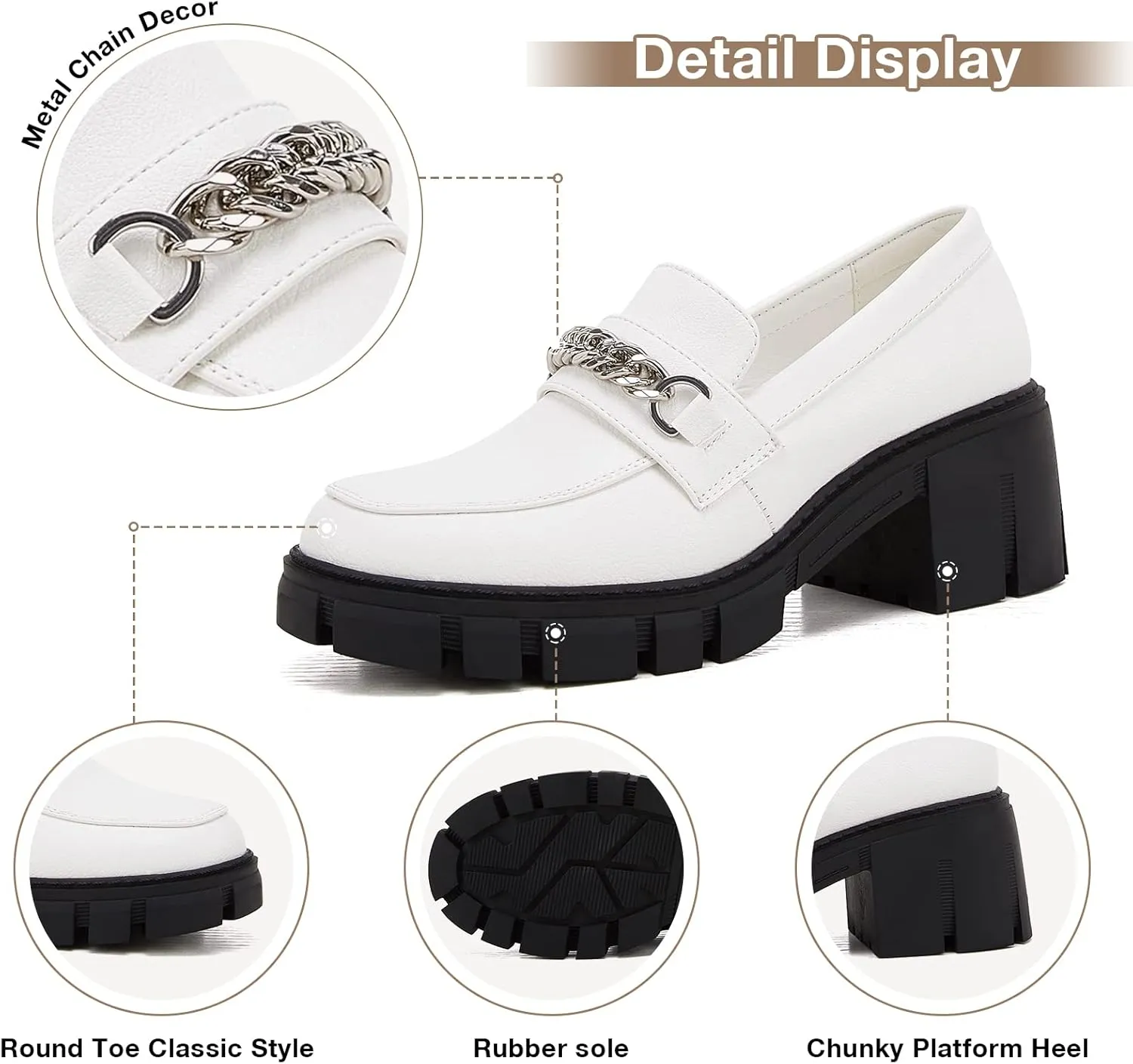 TINSTREE Platform Loafers for Women with Chain Comfort Chunky Heel Slip On Round Toe Business Work Shoes