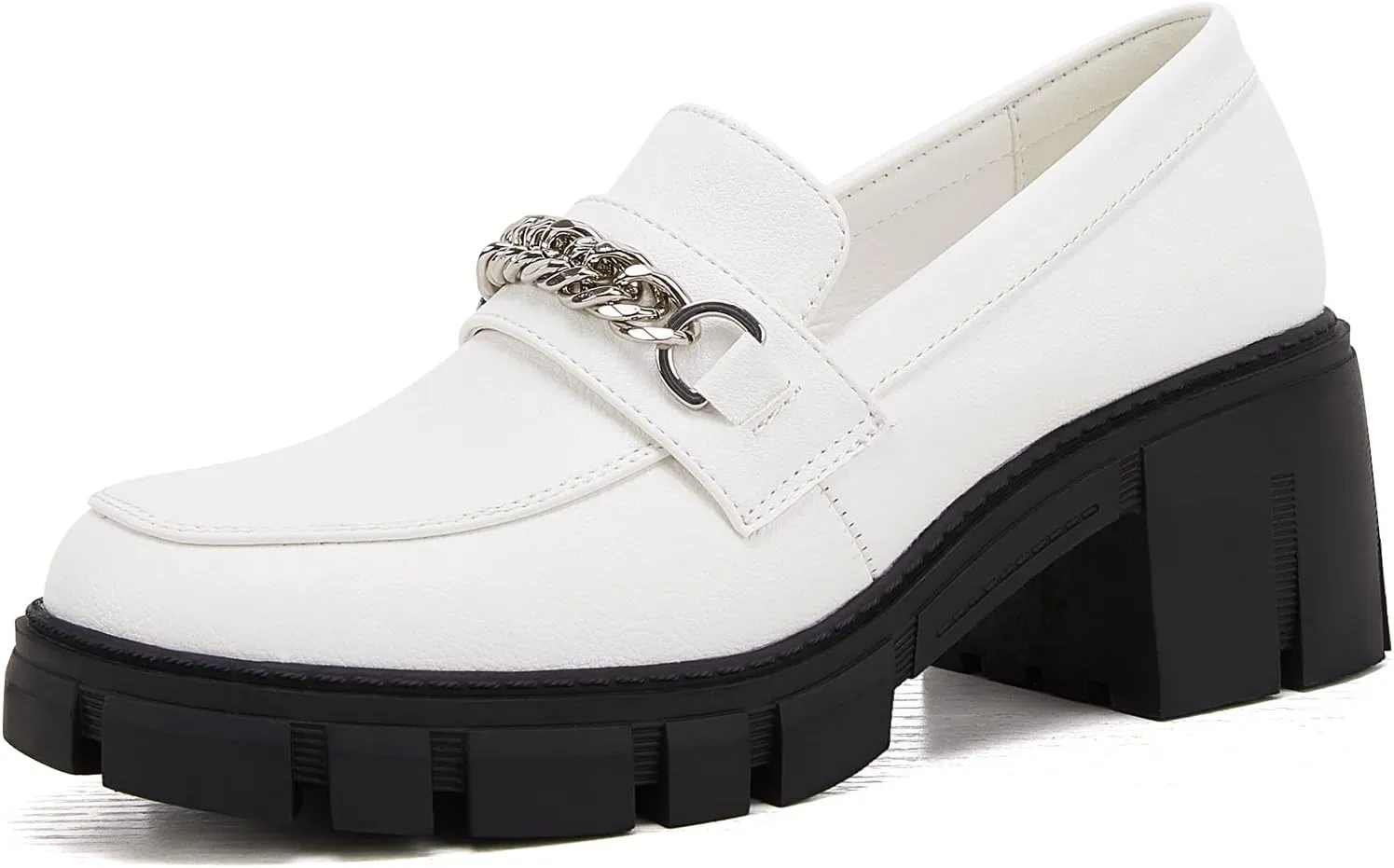 TINSTREE Platform Loafers for Women with Chain Comfort Chunky Heel Slip On Round Toe Business Work Shoes