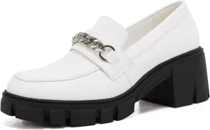 TINSTREE Platform Loafers for Women with Chain Comfort Chunky Heel Slip On Round Toe Business Work Shoes