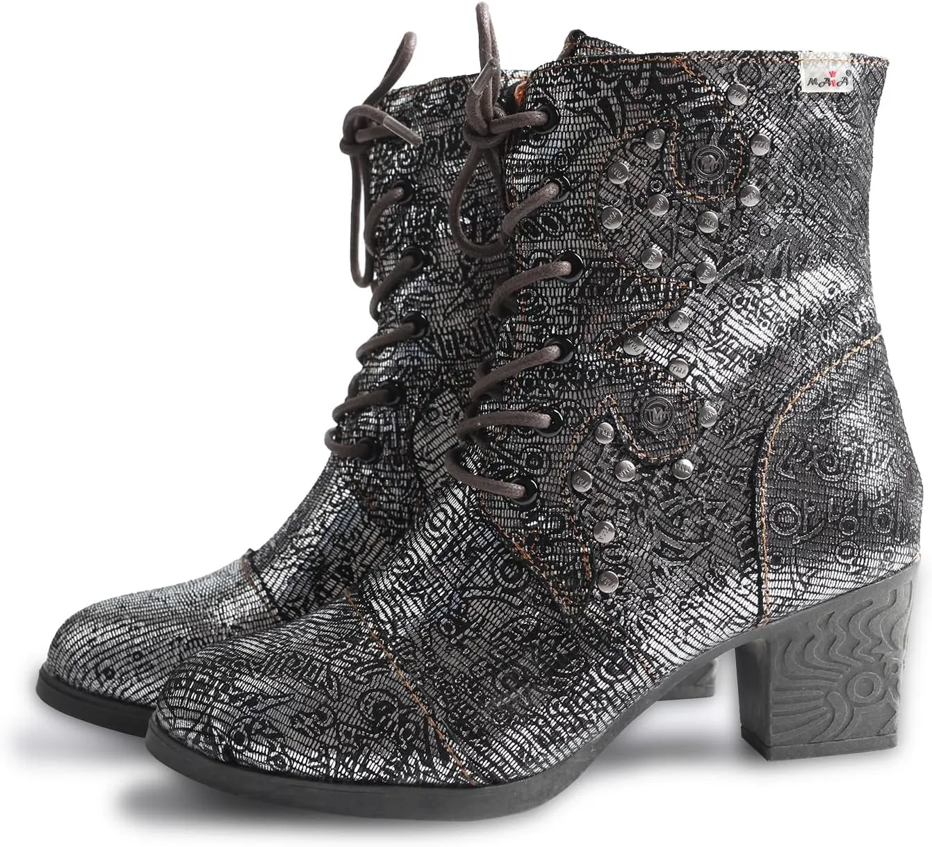 TMA EYES Abstract Studded Lace-up and Zipper Women's Leather Boots