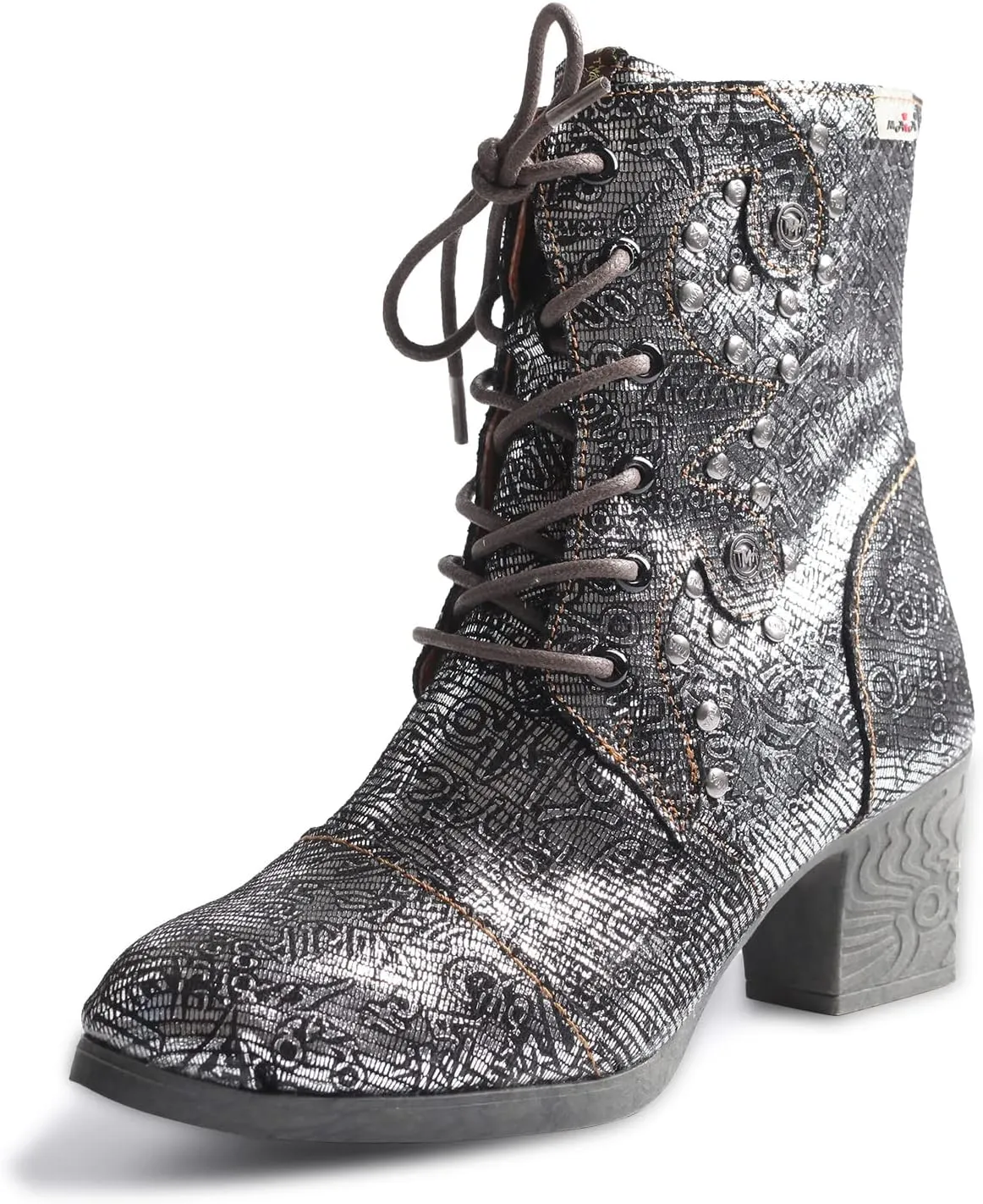 TMA EYES Abstract Studded Lace-up and Zipper Women's Leather Boots