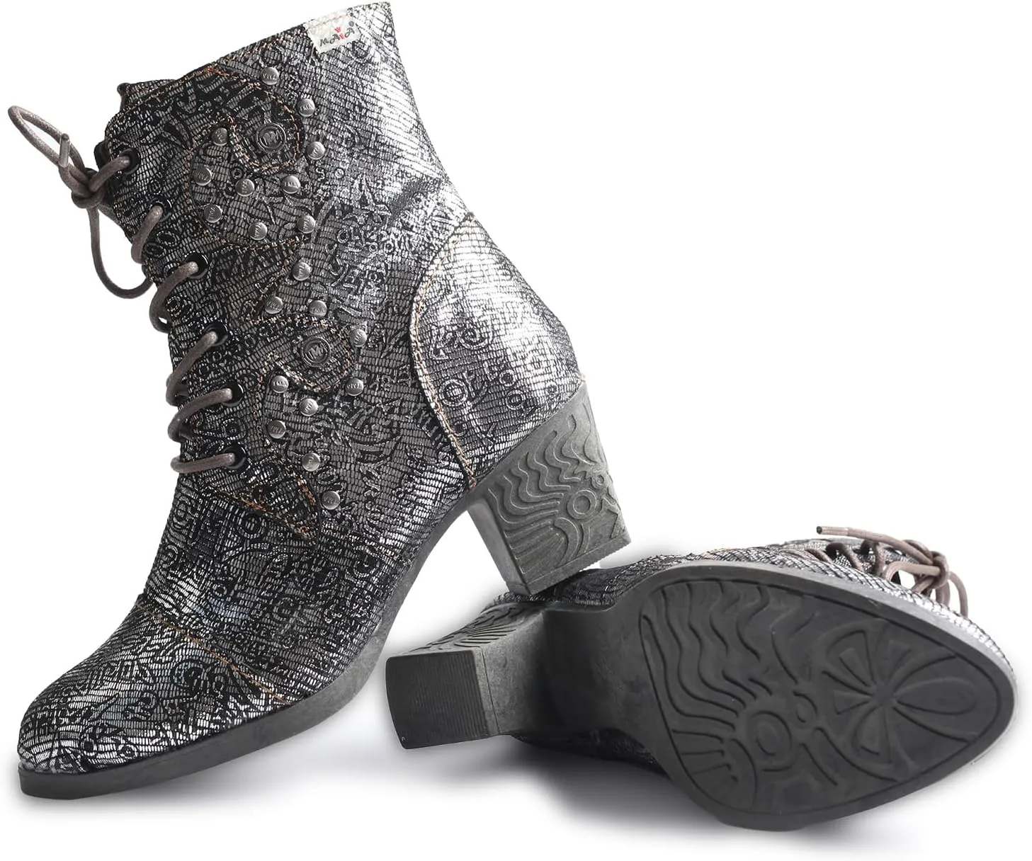 TMA EYES Abstract Studded Lace-up and Zipper Women's Leather Boots