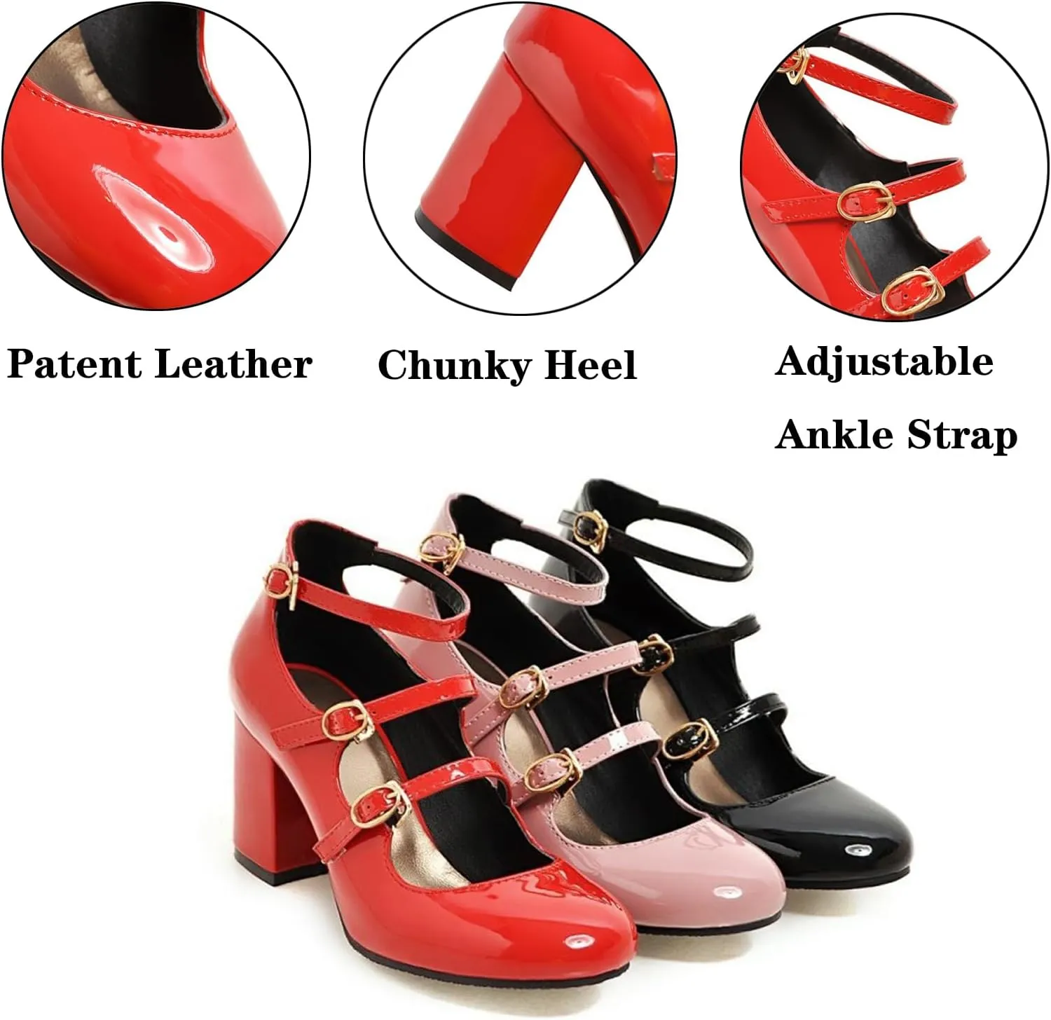URLECHS Women's Patent Leather Chunky Heel Pumps Closed Round Toe High Heel Mary Jane Shoes Comfortable Ankle Strap Fashion Dress Shoes Office Work Party Wedding