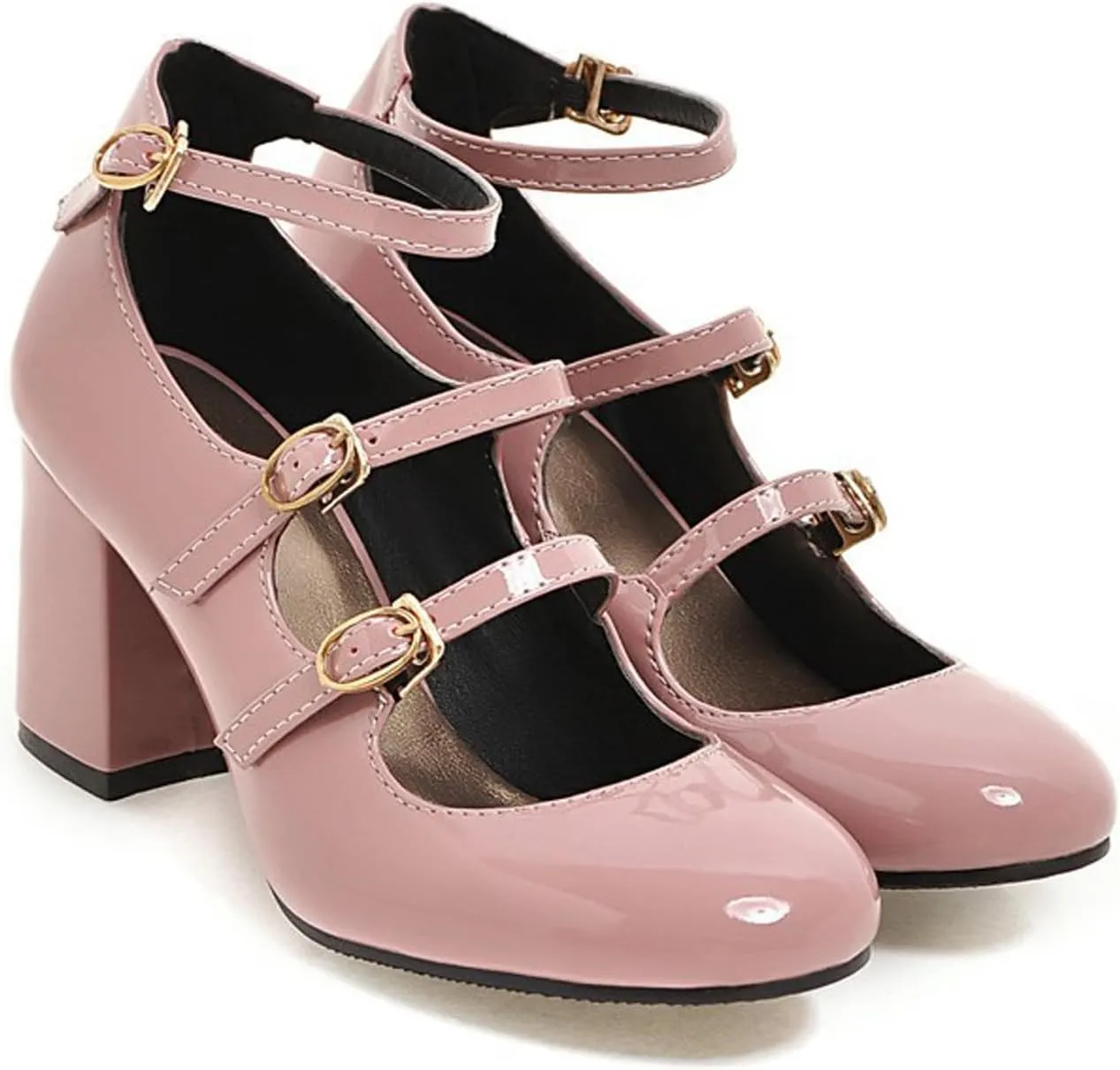URLECHS Women's Patent Leather Chunky Heel Pumps Closed Round Toe High Heel Mary Jane Shoes Comfortable Ankle Strap Fashion Dress Shoes Office Work Party Wedding