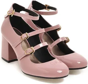 URLECHS Women's Patent Leather Chunky Heel Pumps Closed Round Toe High Heel Mary Jane Shoes Comfortable Ankle Strap Fashion Dress Shoes Office Work Party Wedding
