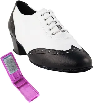 Very Fine Dance Shoes - Ladies Practice, Cuban Low Heel, Waltz Ballroom Dance Shoes - 2008-1.5-inch Heel and Foldable Brush Bundle - Black Leather - White Leather - 8