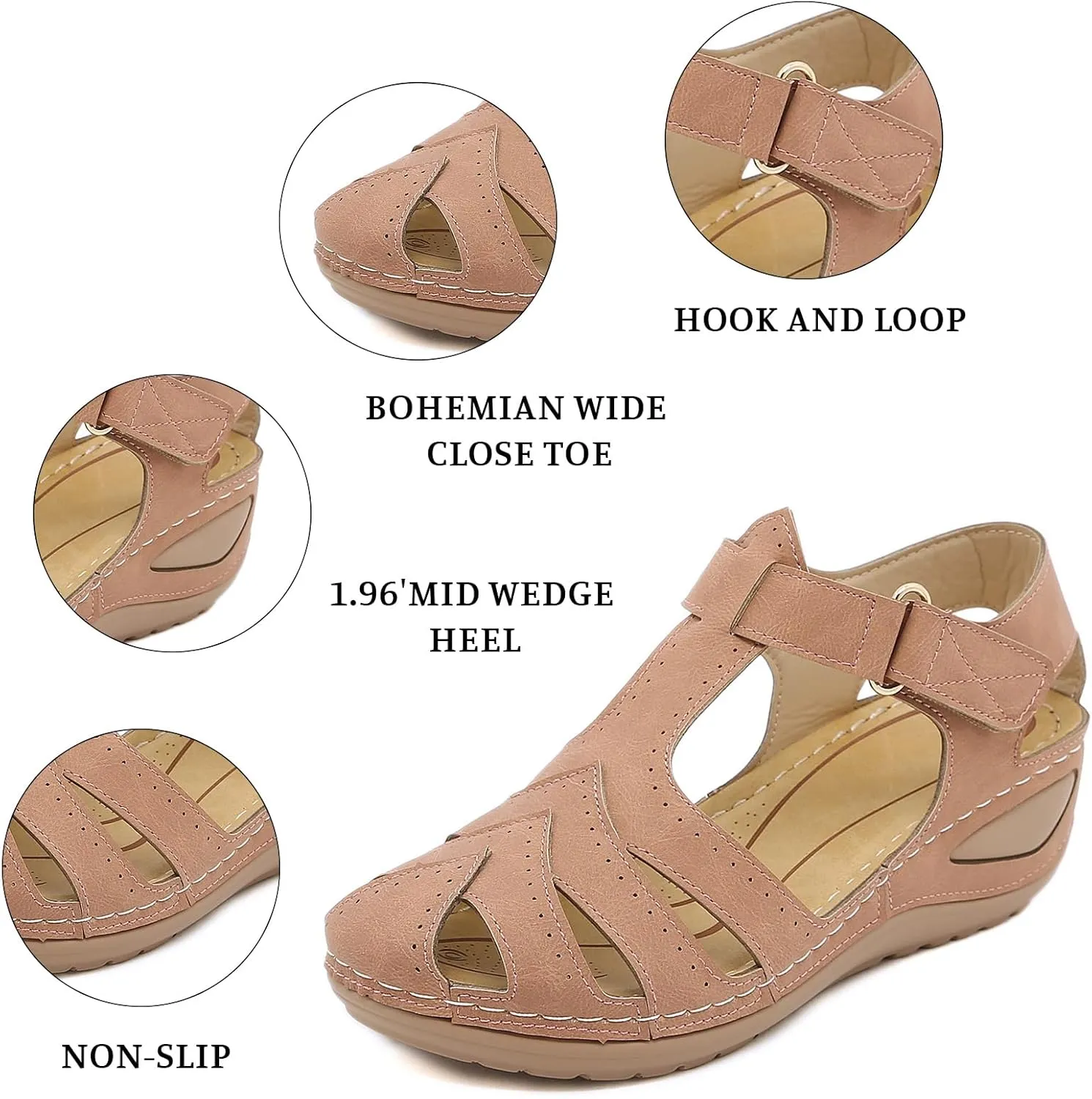 Wedge Sandals for Women Breathable Summer Closed Toe Sandals Dressy Casual Hollow Out Orthopedic Shoes with Arch Support Comfort Ankle Strap Slip On Platform Sandal
