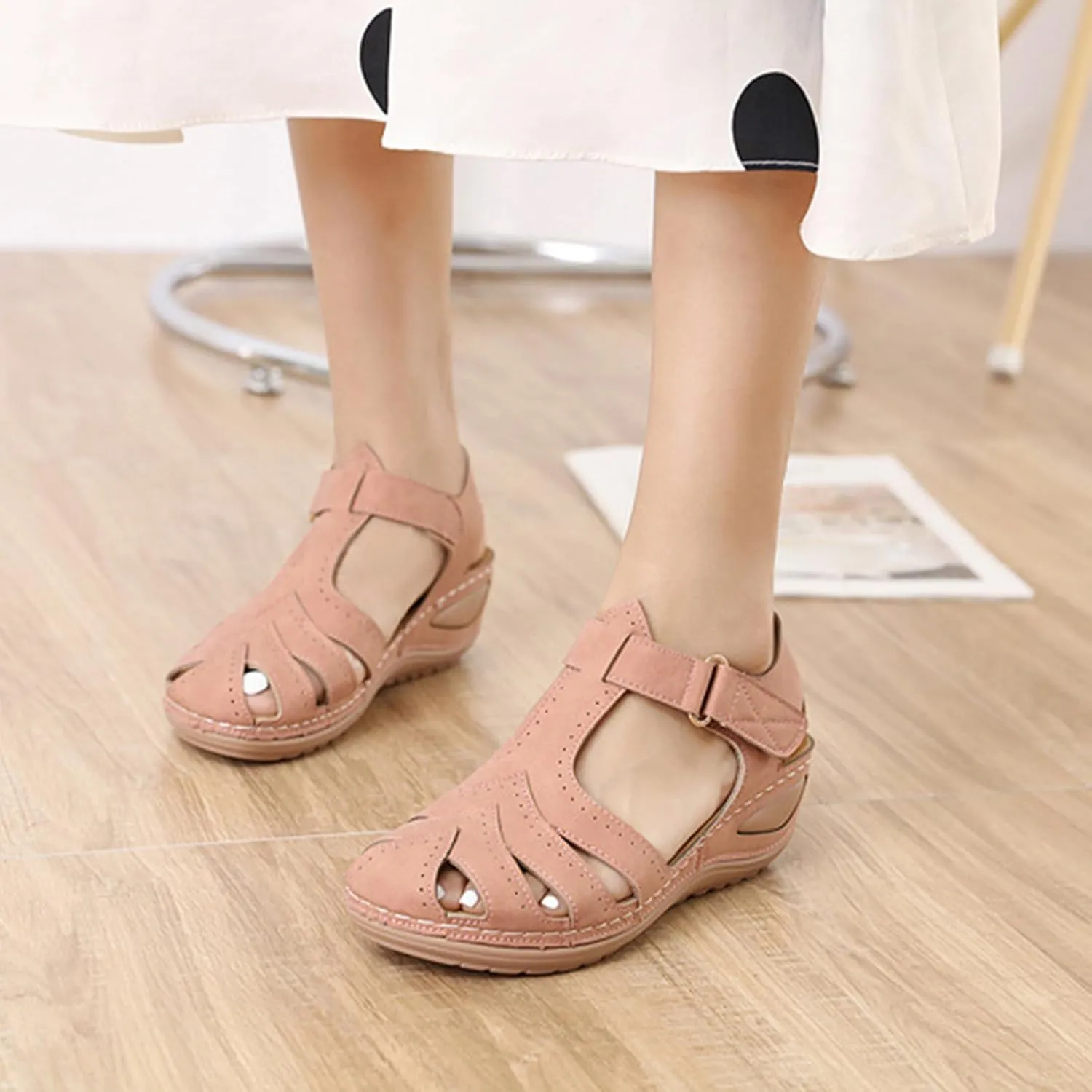 Wedge Sandals for Women Breathable Summer Closed Toe Sandals Dressy Casual Hollow Out Orthopedic Shoes with Arch Support Comfort Ankle Strap Slip On Platform Sandal