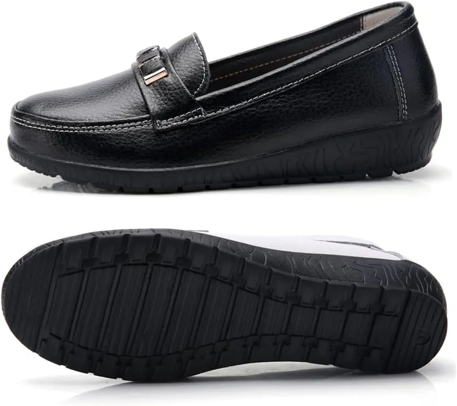 WERWAES Classic Leather Loafers for Womens Casual Lightweight Non-slip Moccasins Flats Office Driving Walking Slip on Ladies Loafers Shoes