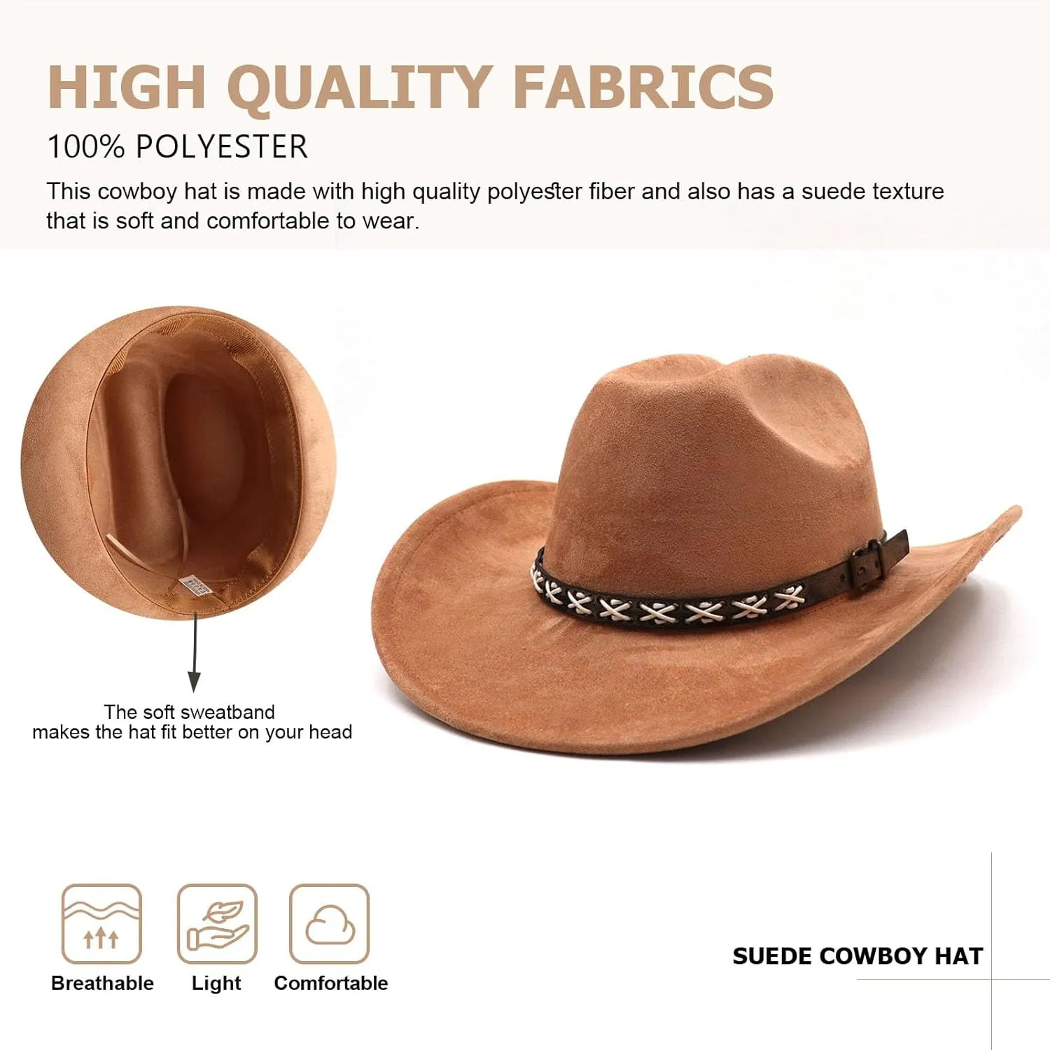 Western Suede Cowboy Hat for Women Men Wide Brim Classic Cowboy Cowgirl Hat with Buckle Belt Felt Fedora Hat