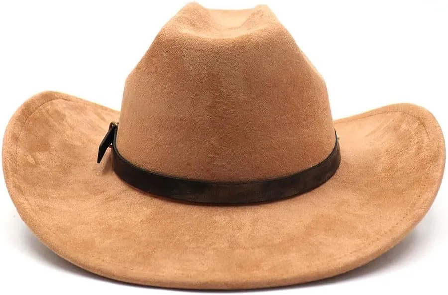 Western Suede Cowboy Hat for Women Men Wide Brim Classic Cowboy Cowgirl Hat with Buckle Belt Felt Fedora Hat