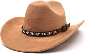 Western Suede Cowboy Hat for Women Men Wide Brim Classic Cowboy Cowgirl Hat with Buckle Belt Felt Fedora Hat