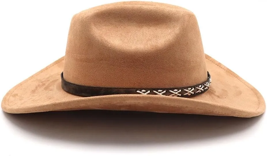 Western Suede Cowboy Hat for Women Men Wide Brim Classic Cowboy Cowgirl Hat with Buckle Belt Felt Fedora Hat