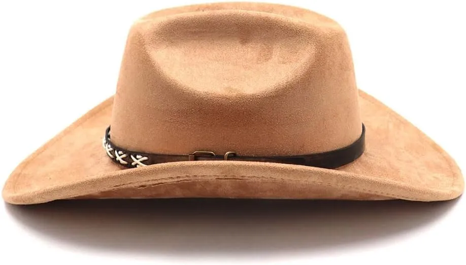 Western Suede Cowboy Hat for Women Men Wide Brim Classic Cowboy Cowgirl Hat with Buckle Belt Felt Fedora Hat
