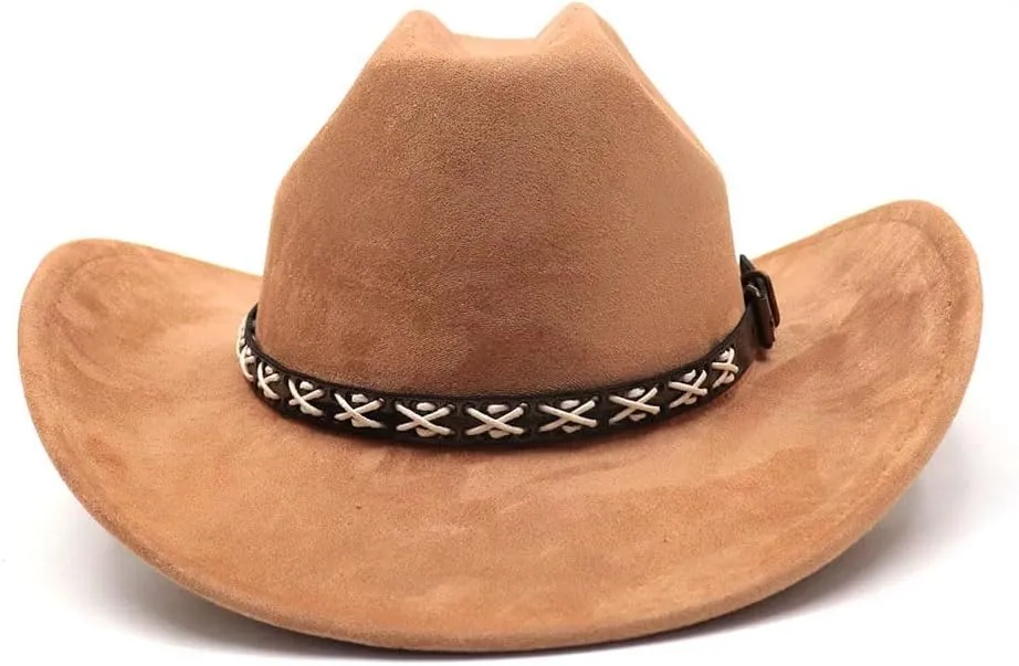 Western Suede Cowboy Hat for Women Men Wide Brim Classic Cowboy Cowgirl Hat with Buckle Belt Felt Fedora Hat