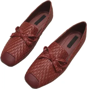 Women's Braided Leather Bow Flat Dress Loafers Comfortable Soft Non-Slip Lightweight Work Shoe Slip-On Anti-Collision Toe Casual Driving Shoes