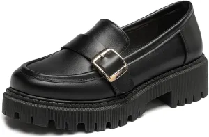 Women's Classic Buckle Slip On Loafers Round Toe Leather Platform Mid Heel Dress Oxford Pump Shoes