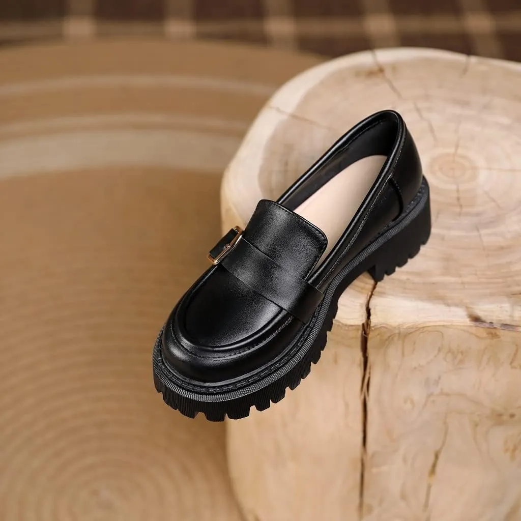Women's Classic Buckle Slip On Loafers Round Toe Leather Platform Mid Heel Dress Oxford Pump Shoes