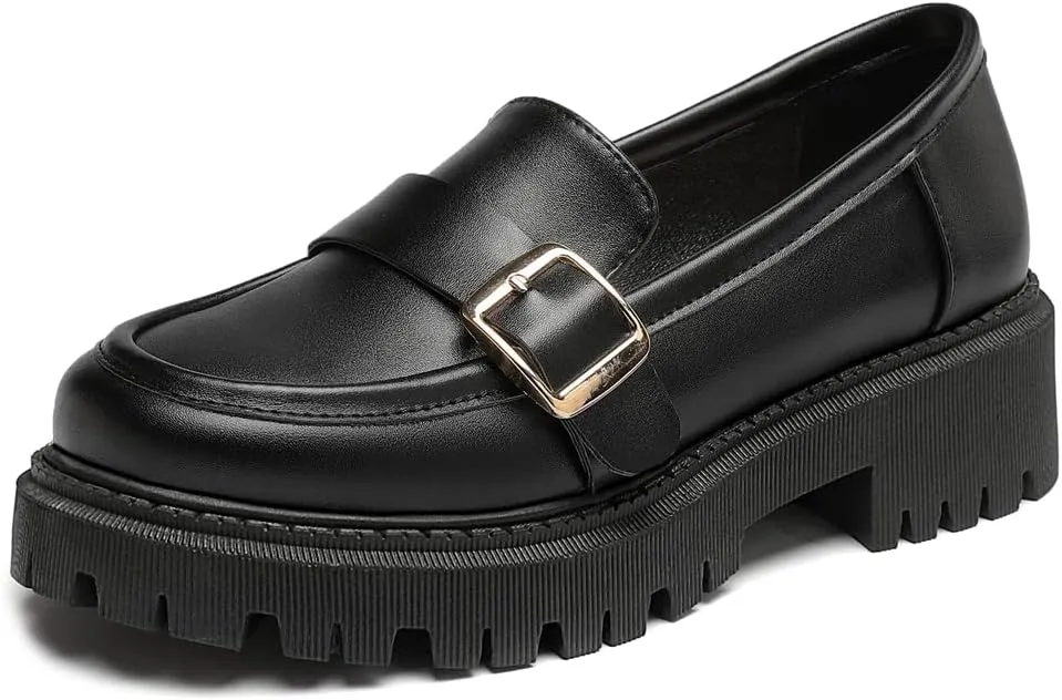 Women's Classic Buckle Slip On Loafers Round Toe Leather Platform Mid Heel Dress Oxford Pump Shoes