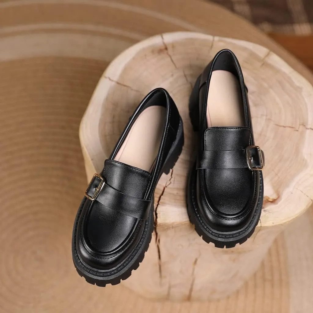 Women's Classic Buckle Slip On Loafers Round Toe Leather Platform Mid Heel Dress Oxford Pump Shoes