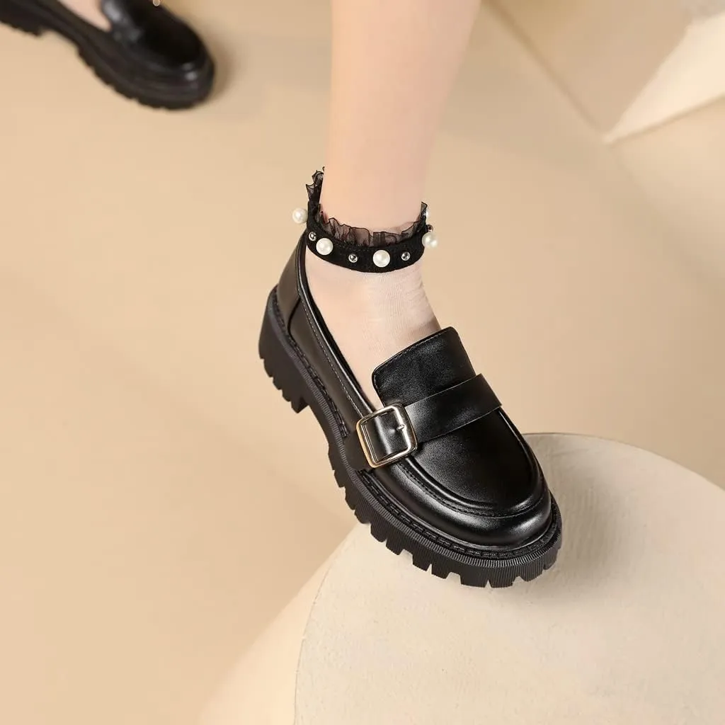 Women's Classic Buckle Slip On Loafers Round Toe Leather Platform Mid Heel Dress Oxford Pump Shoes
