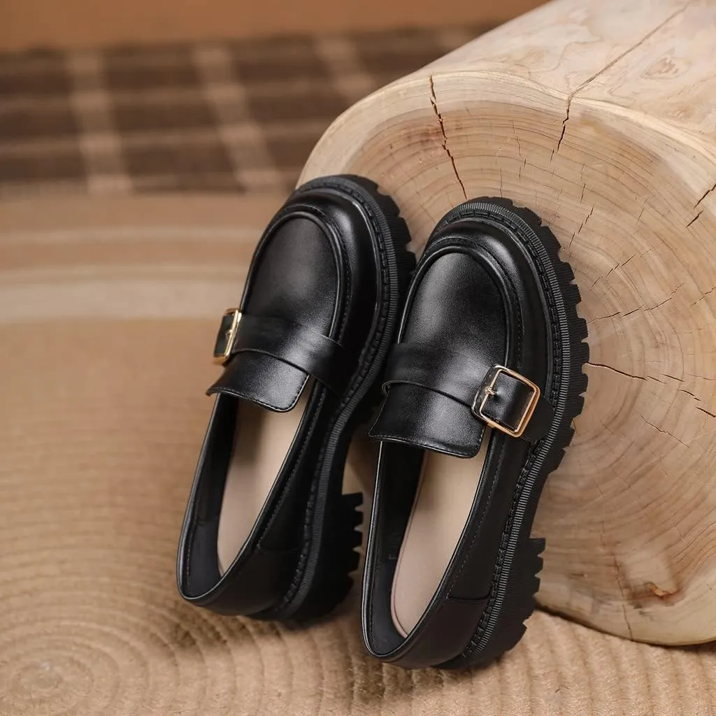Women's Classic Buckle Slip On Loafers Round Toe Leather Platform Mid Heel Dress Oxford Pump Shoes