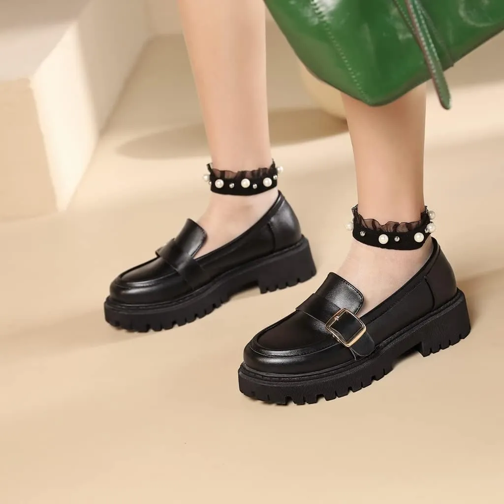 Women's Classic Buckle Slip On Loafers Round Toe Leather Platform Mid Heel Dress Oxford Pump Shoes