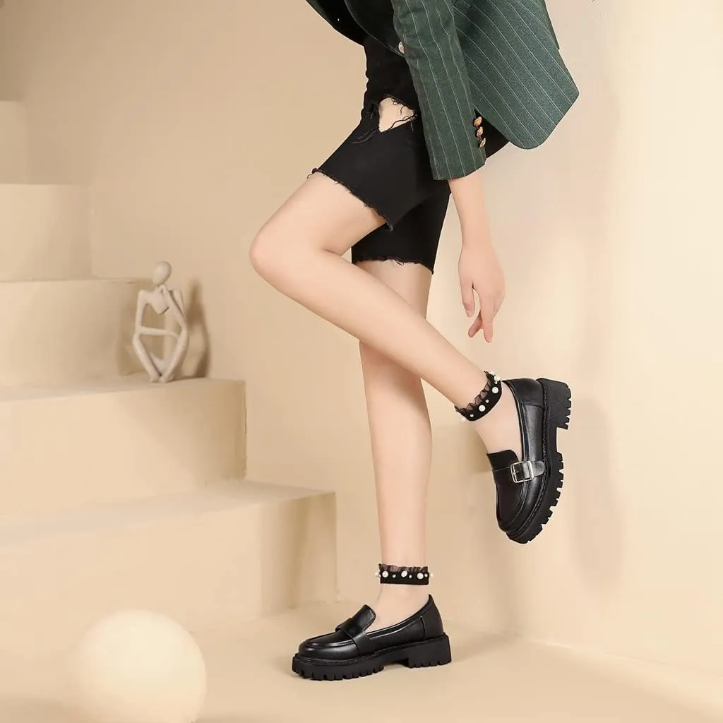 Women's Classic Buckle Slip On Loafers Round Toe Leather Platform Mid Heel Dress Oxford Pump Shoes