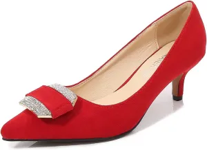 Women's Classic Suede Pointed Toe Kitten Heels Slim Slip on High Heel Pumps with Big Rhinestone Buckle Office Work Dress Shoes Low Heels,Red,36