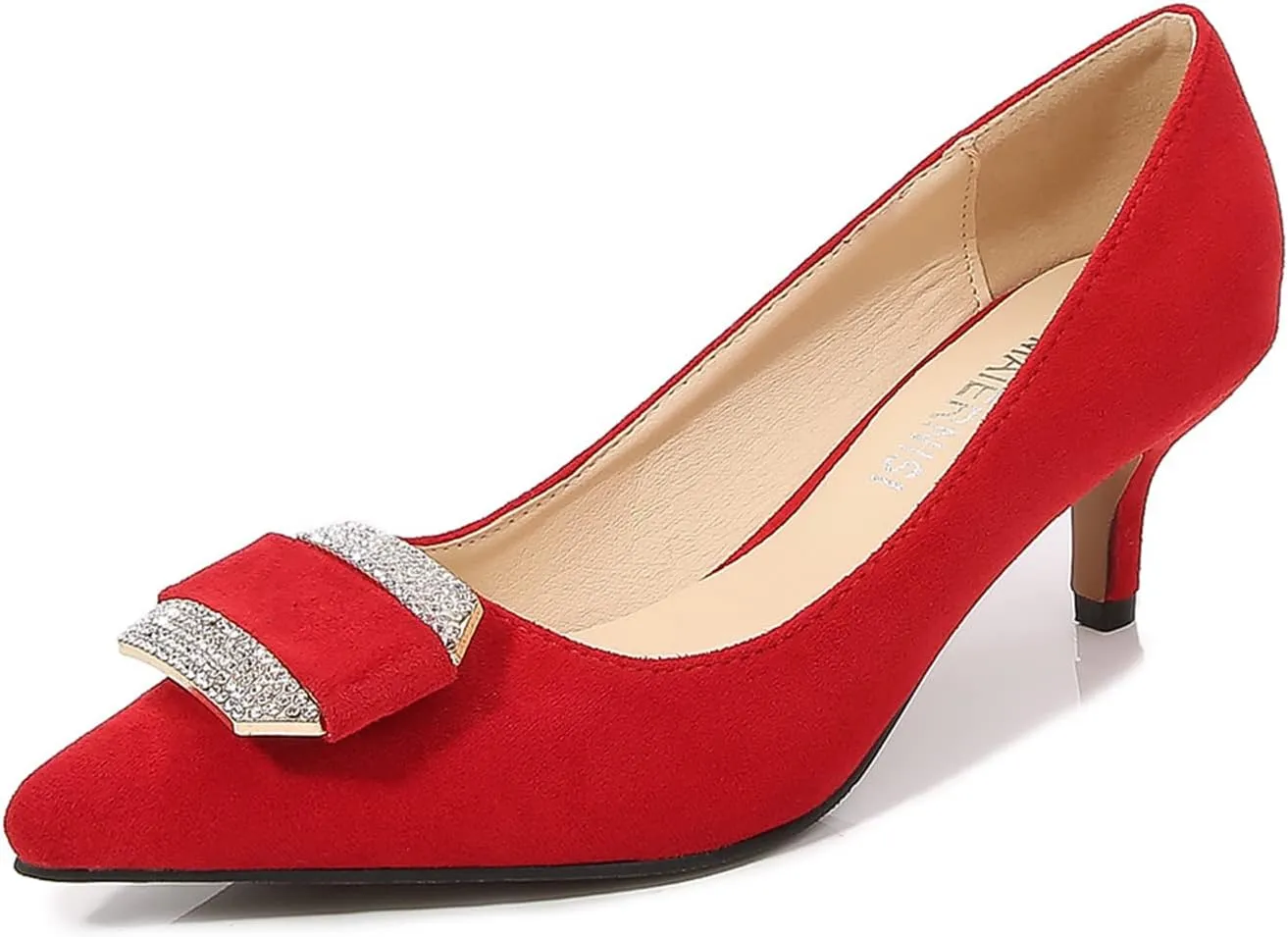 Women's Classic Suede Pointed Toe Kitten Heels Slim Slip on High Heel Pumps with Big Rhinestone Buckle Office Work Dress Shoes Low Heels,Red,36