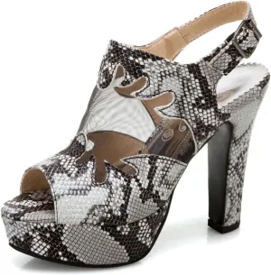 Women's Fashion Snakeskin Print Platform Open Toe Chunky High Heel Sandals Ankle Boots Sexy Patchwork Mesh Breathable Summer Adjustable Buckle Gladiator Roman Sandal Shoes