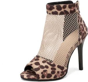 Women's Fashion Snakeskin Printed Open Peep Toe Stilettos High Heels Sandals Sexy Mesh Back Zipper Summer Breathable Casual Comfortable Slip-On Rome Sandal Shoes