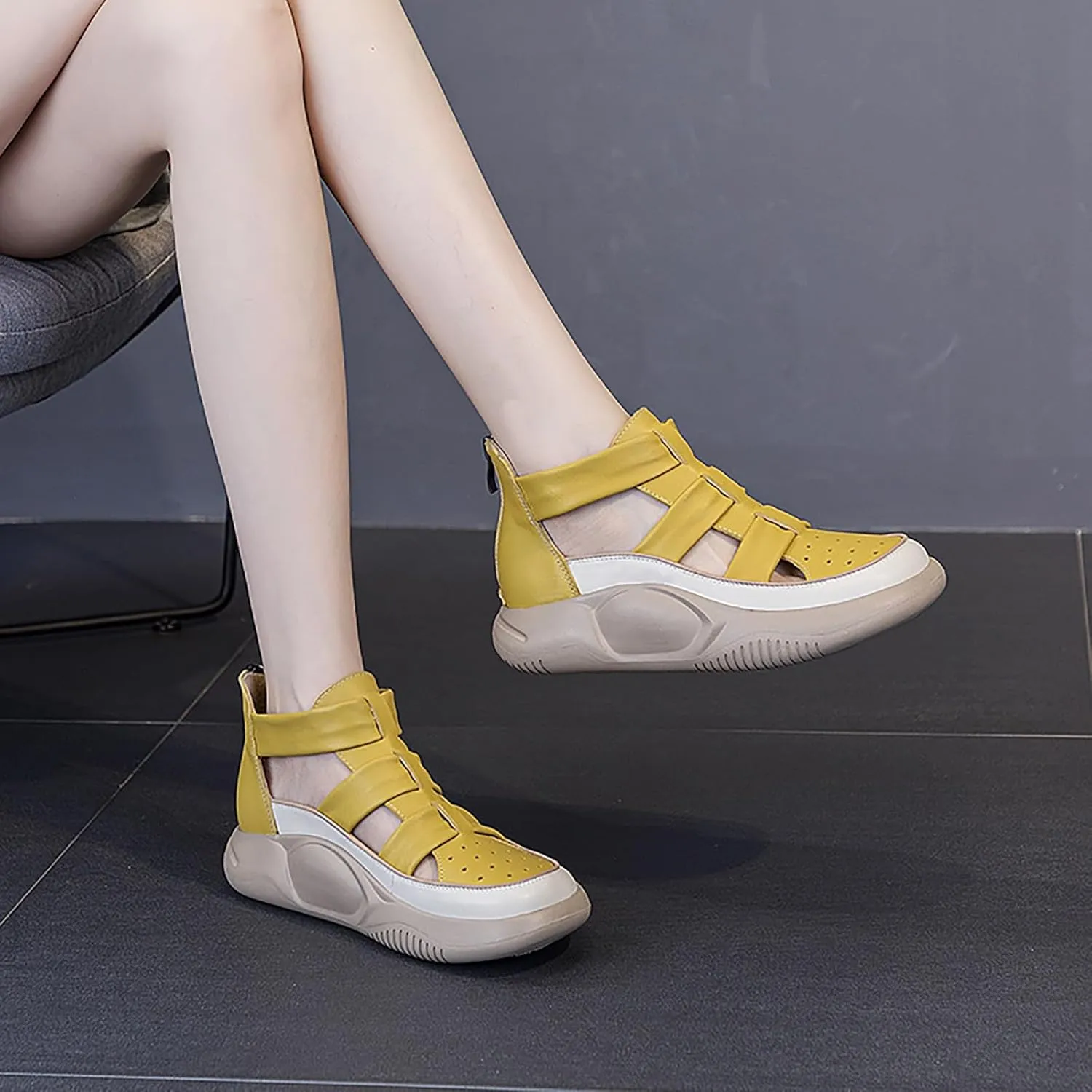 Women'S Genuine Leathe Braided Cut Out Thick Sole Fisherman Sandals With Adjustable Back ZipSummer Closed Toe platform high top Outdoor Anti-Slip Gladiator Sandal