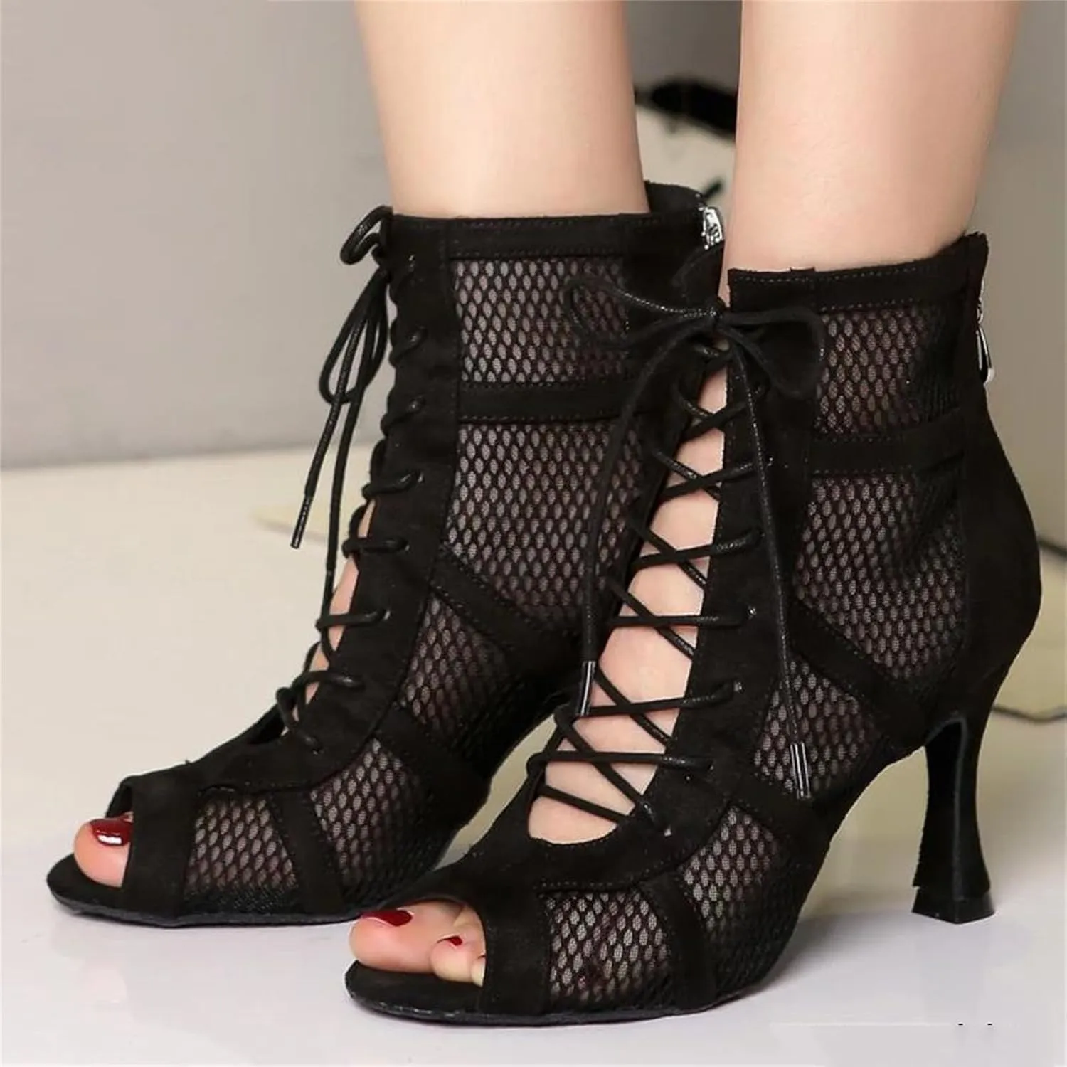 Womens Lace Ballroom Latin Dance Shoes for Tango with Middle High Heels Non-Slip Sole Comfortable Insole Pumps