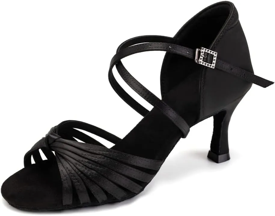 Women's Latin Dance Shoes Satin Open Toe Professional Ballroom Salsa Practice Performance Dancing Shoes Suede Sole