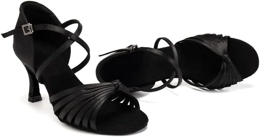 Women's Latin Dance Shoes Satin Open Toe Professional Ballroom Salsa Practice Performance Dancing Shoes Suede Sole
