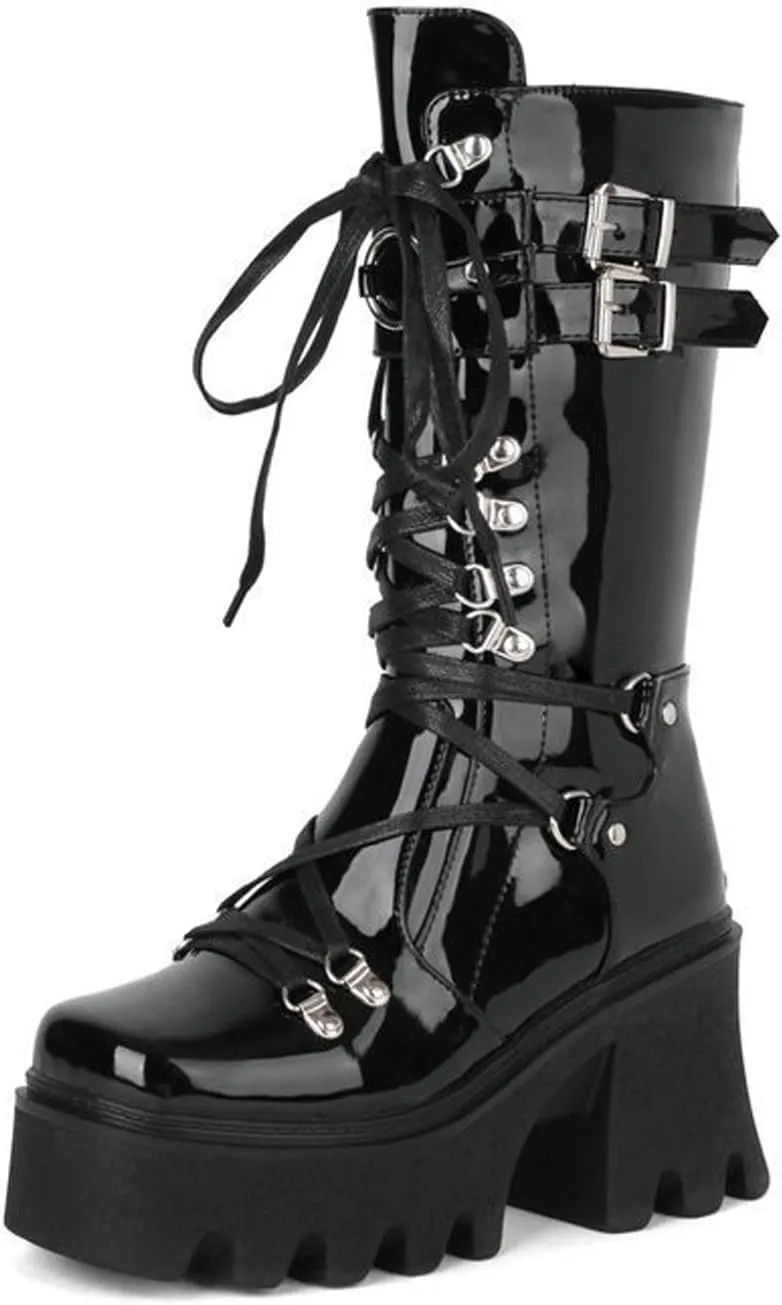 Womens Leather Chunky Platform Gothic Lace Up Mid-Calf Boots With Rear Zipper Sexy Square Toe Patent Leather Metal Buckle Block Heel Punk Motorcycle Boots Calf Boots