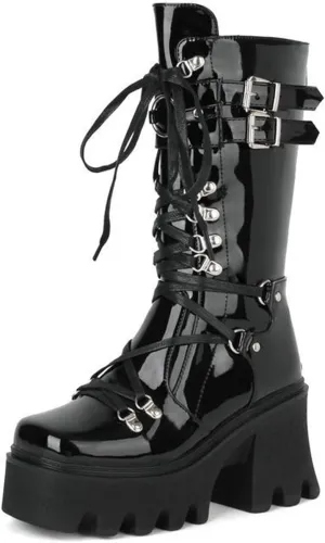 Womens Leather Chunky Platform Gothic Lace Up Mid-Calf Boots With Rear Zipper Sexy Square Toe Patent Leather Metal Buckle Block Heel Punk Motorcycle Boots Calf Boots