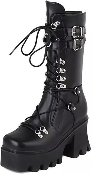 Womens Leather Chunky Platform Gothic Lace Up Mid-Calf Boots With Rear Zipper Sexy Square Toe Patent Leather Metal Buckle Block Heel Punk Motorcycle Boots Calf Boots