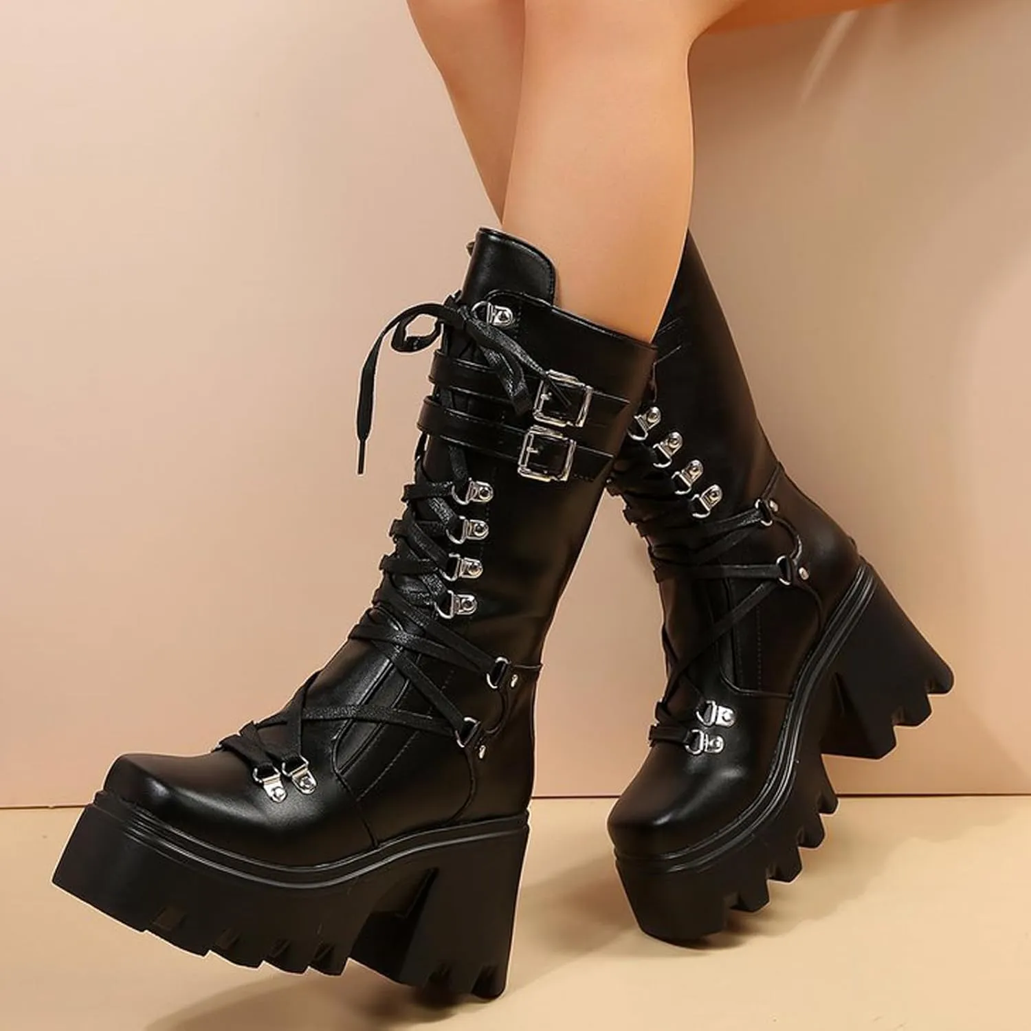 Womens Leather Chunky Platform Gothic Lace Up Mid-Calf Boots With Rear Zipper Sexy Square Toe Patent Leather Metal Buckle Block Heel Punk Motorcycle Boots Calf Boots