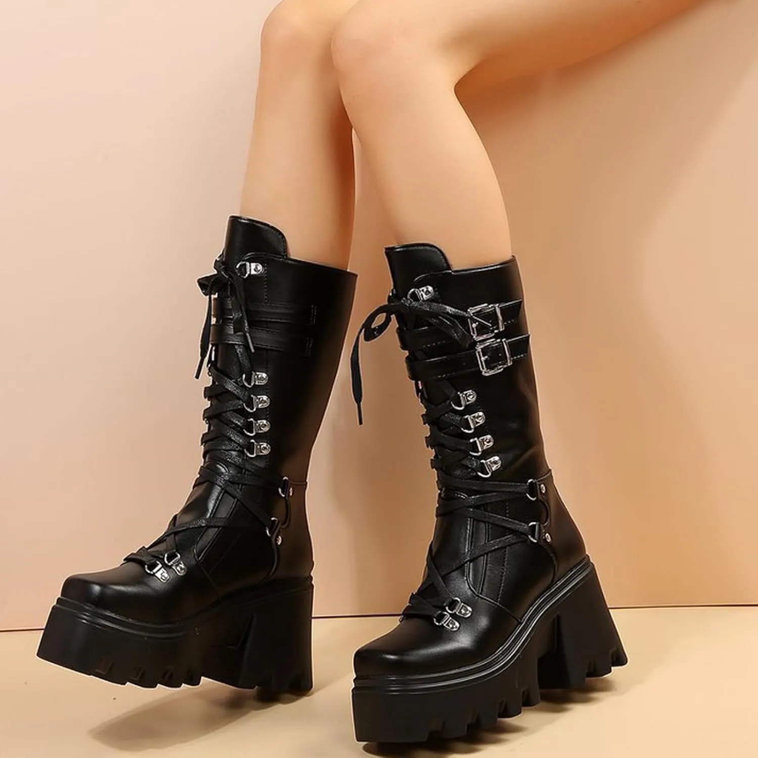 Womens Leather Chunky Platform Gothic Lace Up Mid-Calf Boots With Rear Zipper Sexy Square Toe Patent Leather Metal Buckle Block Heel Punk Motorcycle Boots Calf Boots