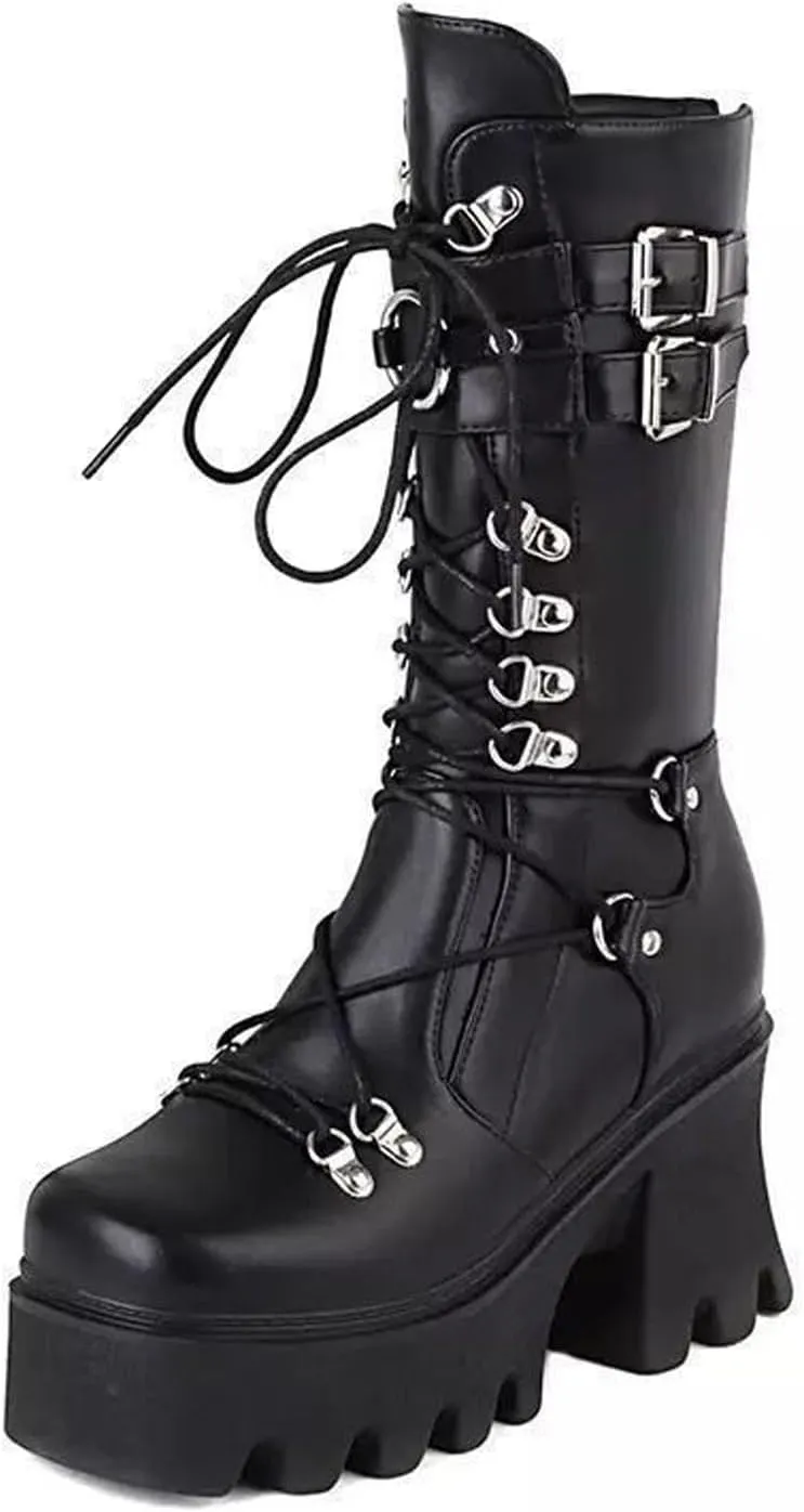Womens Leather Chunky Platform Gothic Lace Up Mid-Calf Boots With Rear Zipper Sexy Square Toe Patent Leather Metal Buckle Block Heel Punk Motorcycle Boots Calf Boots