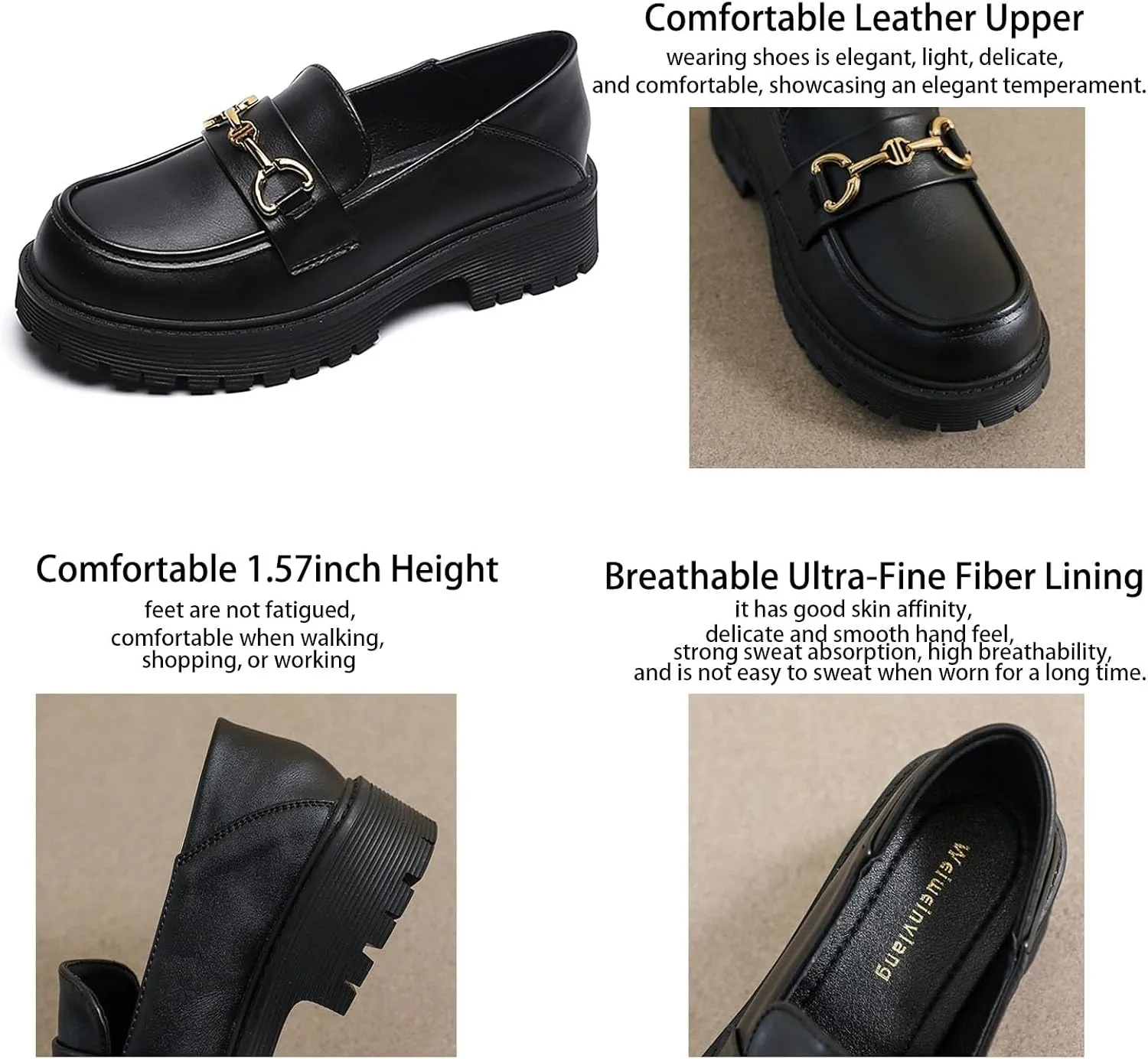 Women's Leather Classic Platform Chunky Loafers,Comfortable Slip-On Round Toe Lug Sole Business Casual Formal Work Shoes