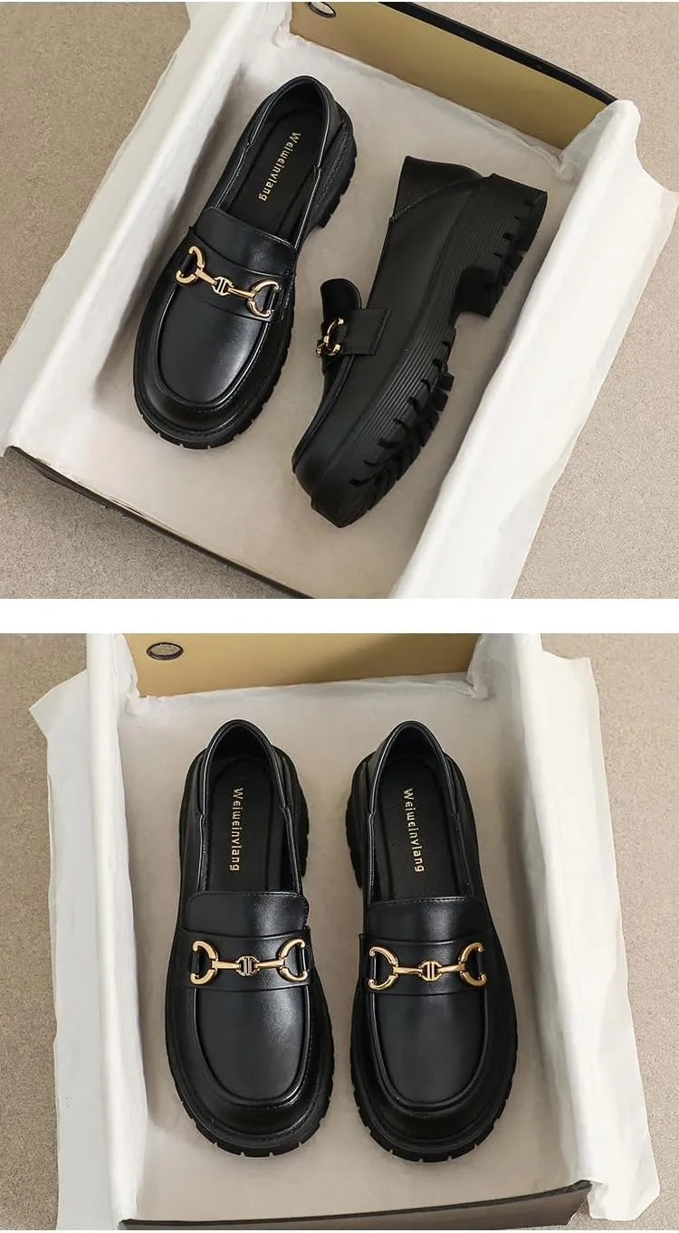 Women's Leather Classic Platform Chunky Loafers,Comfortable Slip-On Round Toe Lug Sole Business Casual Formal Work Shoes