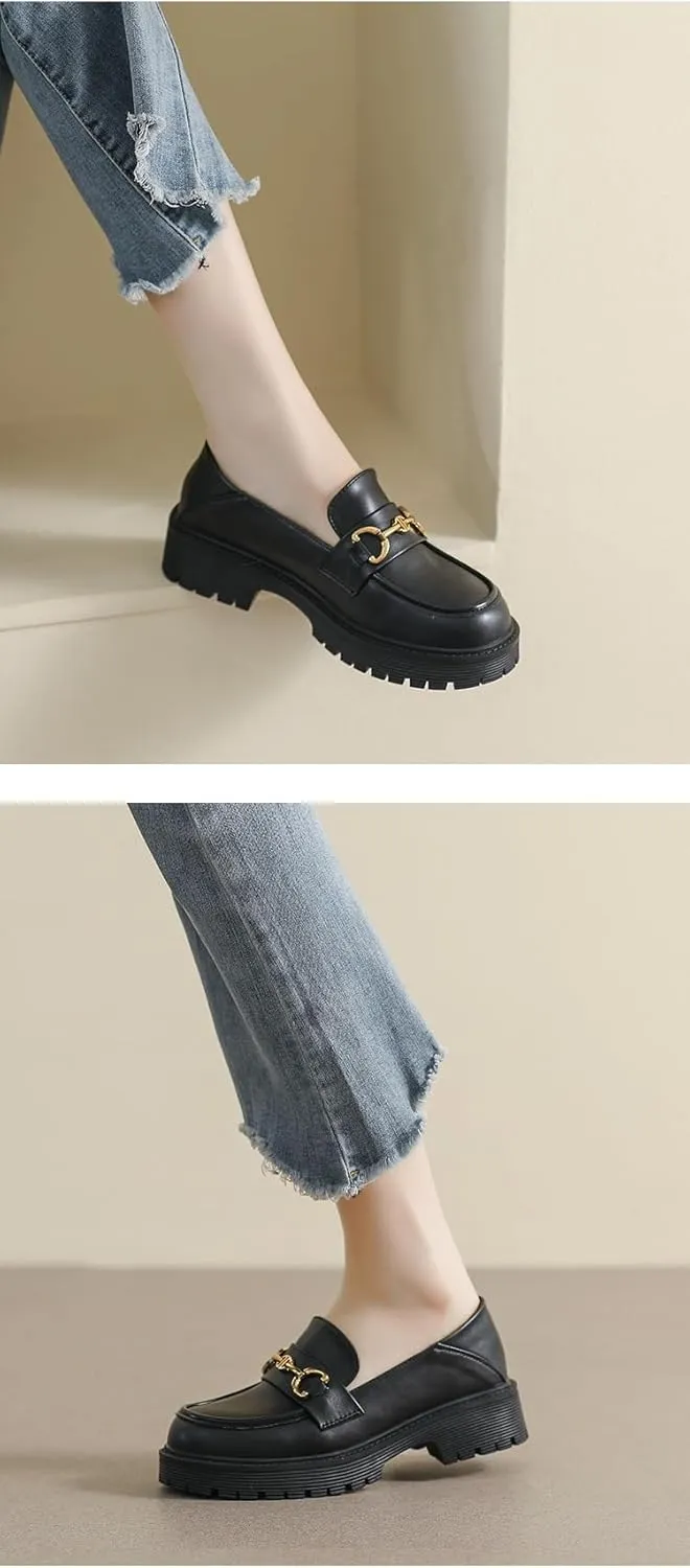 Women's Leather Classic Platform Chunky Loafers,Comfortable Slip-On Round Toe Lug Sole Business Casual Formal Work Shoes
