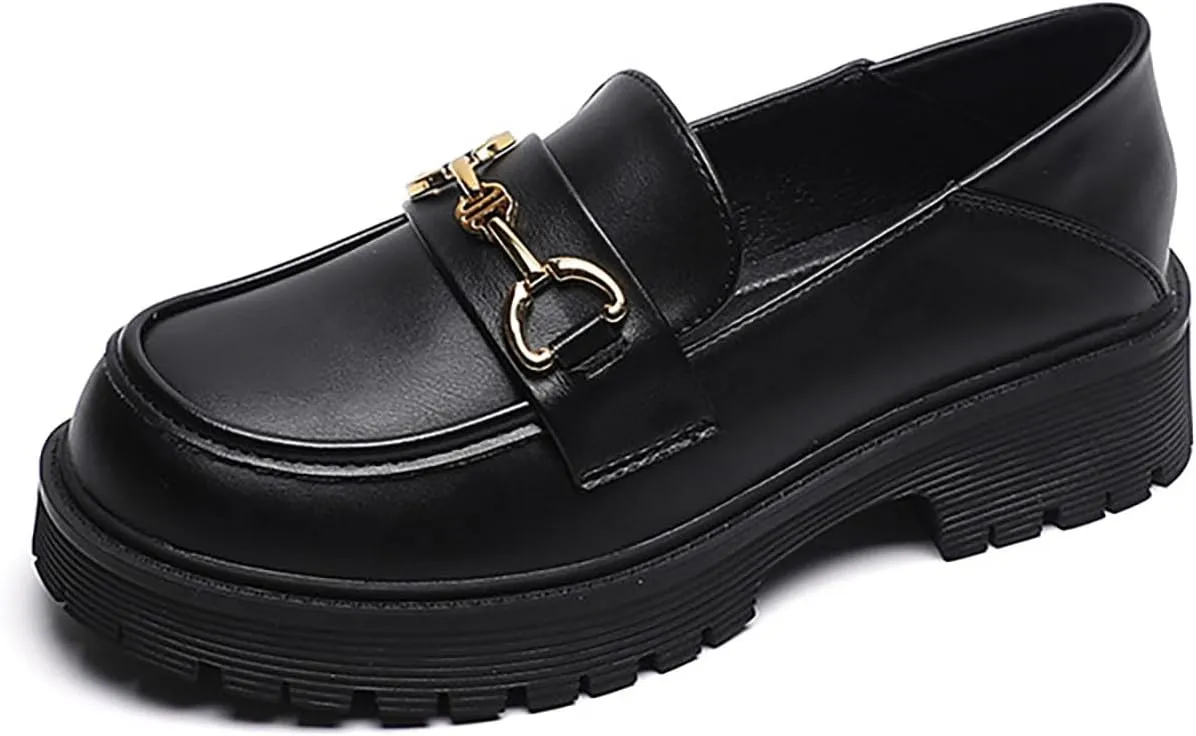 Women's Leather Classic Platform Chunky Loafers,Comfortable Slip-On Round Toe Lug Sole Business Casual Formal Work Shoes