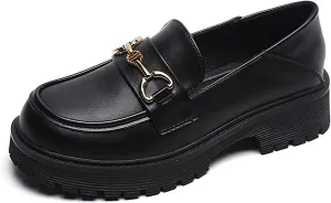 Women's Leather Classic Platform Chunky Loafers,Comfortable Slip-On Round Toe Lug Sole Business Casual Formal Work Shoes