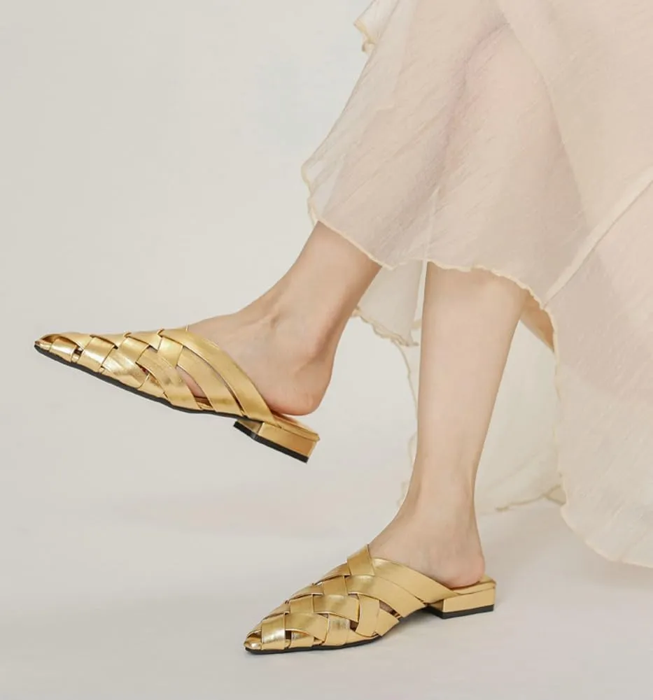 Women's Mules Closed Pointed Toe Leather Hollow Out Braided Backless Slip On Flat Sandals Dress Loafer Shoes 2025