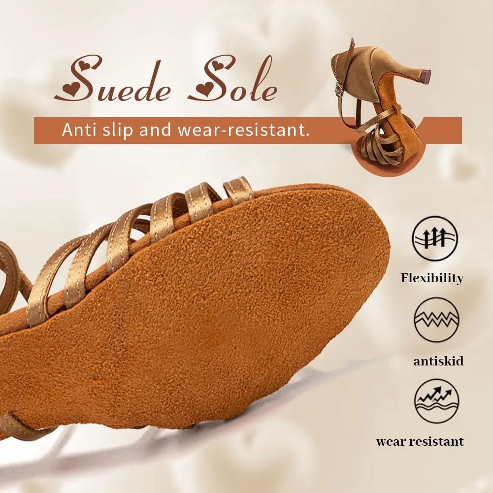 Women's Satin Latin Dance Shoes Professional Ballroom Salsa Performance Practice Dancing Shoes,Model EM-Suede Sole-3”Heel