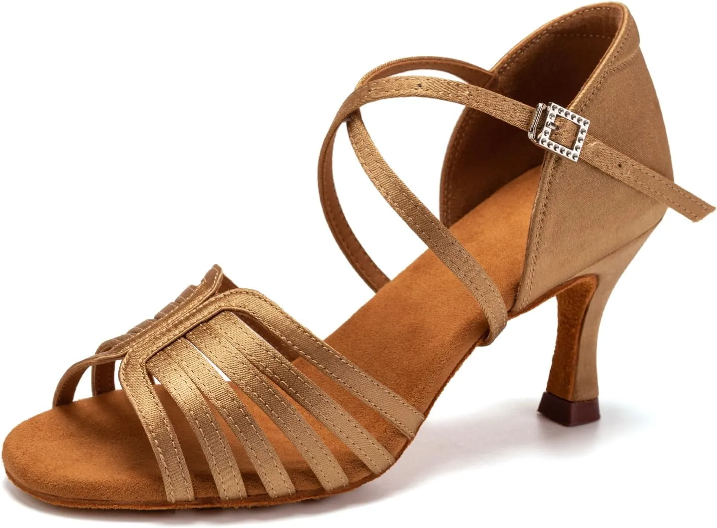 Women's Satin Latin Dance Shoes Professional Ballroom Salsa Performance Practice Dancing Shoes,Model EM-Suede Sole-3”Heel